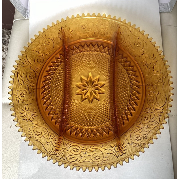 Amber Indiana Glass Tiara Sandwich Glass 12" Divided Serving Platter Vintage - Picture 1 of 7